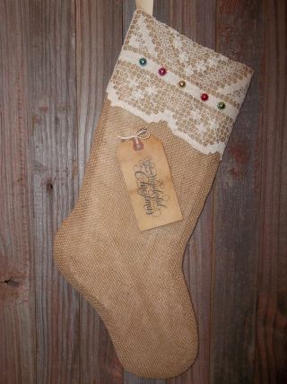 Sweet Primitive Winter/holiday Burlap Stocking/vintage Crocheted Doily 