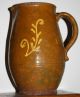 19th Century Decorated Redware Pitcher With Mottling; Antique Folk Pottery 1800s Primitives photo 11