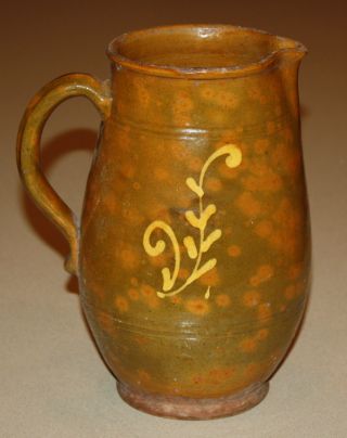 19th Century Decorated Redware Pitcher With Mottling; Antique Folk Pottery 1800s photo