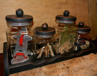 Vtg Set 4 Primitive Glass Apothocary Canister Pantry Jars Wood Lids/wooden Rack photo