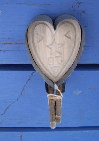 Antique Primitive Heart Star Maple Sugar Mold With Metal Band And Clip photo