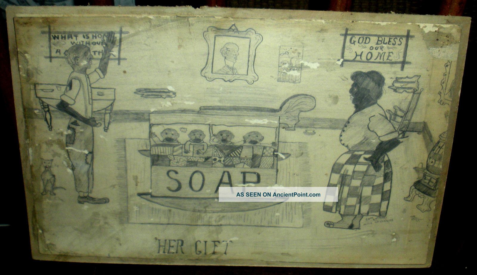 Antique 1800s - Early1900s Primitive Black Folk Art Drawing Signed By Artist Primitives photo