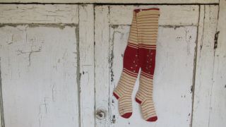 Sweet 19th C Early Old Pair Christmas Striped Creme Red Girl Stockings Socks photo