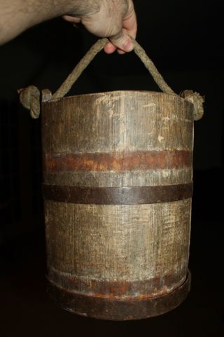 Antique Primitive Staved Wooden Bucket; 1800s Old Country Piggin,  Iron Bands photo