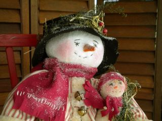 Primitive Folk Art Snowman Doll With His Best Friend photo