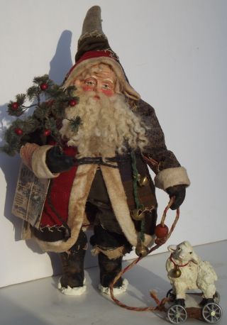 Kim ' S Klaus Handmade Santa Claus Antique Quilt Vintage Christmas Sheep Pull Toy photo