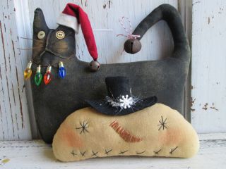 Primitive Christmas Folk Art Cat & Snowman Cupboard Set Sewmanystitches photo