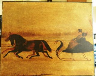 Primitive Print On Canvas Of Winter Scene With Horse And Sleigh photo