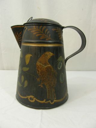 Antique American Folk Art Painted Toleware Tin Coffee Pot With Birds photo