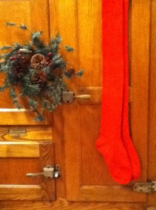 Primitive Early Antique Red Stockings Cabin Christmas. photo
