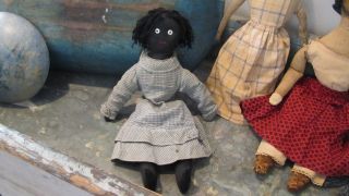 19th C Folky Early Old Black Cloth Stuffed Doll W/ Blue Homespun Dress photo