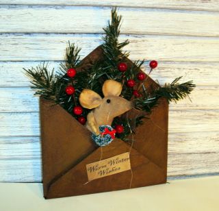 Primitive Folk Art Handmade Country Mouse Doll Christmas Rusty Tin Envelope photo