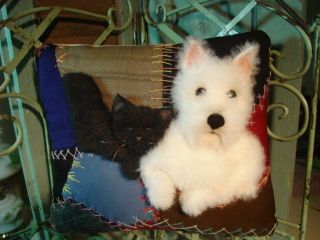 Westie Terrier W Black Cat / Kitten Handcrafted On Antique Crazy Quilt Pillow photo
