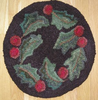 Hand Hooked Rug Primitive Holly Time Rug photo