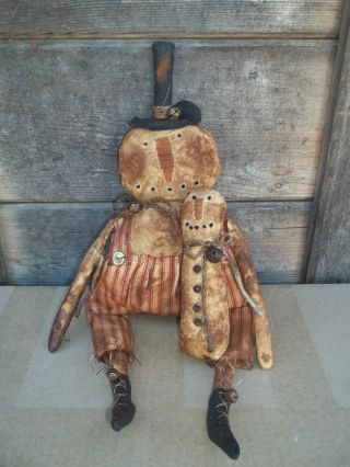 ♥ Primitive Grungy Snowman Christmas Doll And His Little Snow Friend ♥ photo
