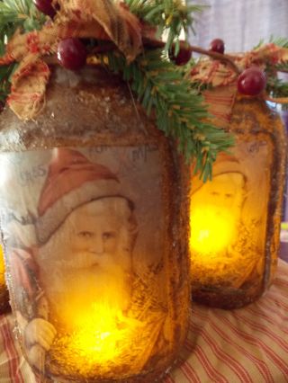 Primitive Folk Art Santa Jar Luminere Grungy &sprinkled In German Glass Glitter photo