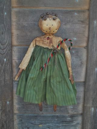 ♥ Primitive Grungy Snowlady Snowman Christmas Doll And Her Candy Cane ♥ photo
