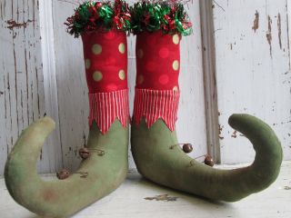Primitive Christmas Elf Shoes W/polka Dot Stockings Sewmanystitches photo