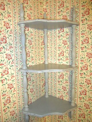 Vintage Corner Knick Knack Shelf,  3 Tiers,  Gray Chalk Paint,  Distressed photo