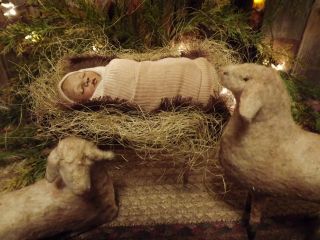 Primitive Folk Art Sheep And Baby Jesus In Manger Doll Tdipt photo