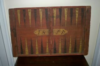 Antique Folk Art Primitive Game Board Backgammon 19th C 1844 Paint photo