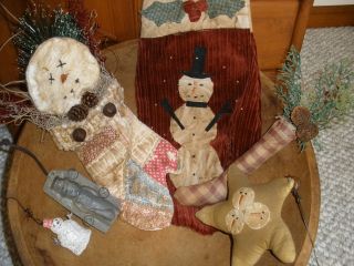 Happy Holiday Primitive Snowman Goodies Ornament & Stocking Lot photo