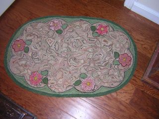 Antique Oval Hand Hooked Rug With Floral Design. . .  Mint Vintage photo