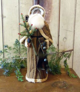 Primitive Brown Quilt German Style Santa Claus Tree Bells photo