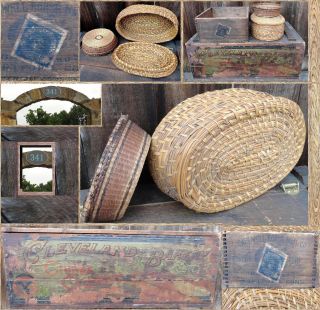2 Antique Primitive Boxes Horse Nails Climax Cakes & 2 Baskets Oval W Lid - Bowl photo