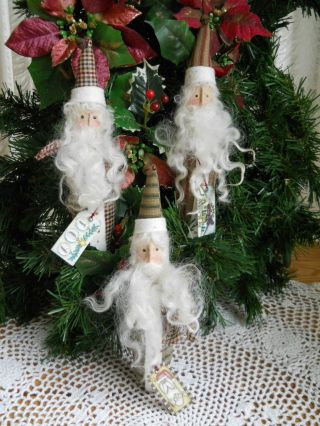 3 Primitive Folk Art Pencil Santa Ornies / Bowl Fillers Christmas photo