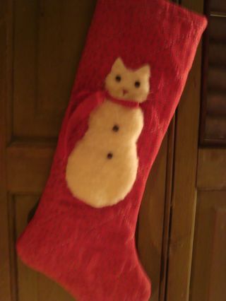 Primitive Folk Art Snow Cat On Old Quilt Christmas Stocking photo