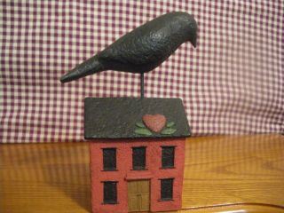 New Primitive Crow Sitting On Roof Of Red House - Resin - 5 