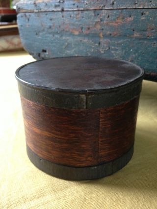 Small Round Wood And Metal Pantry Box Signed,  Great Patina photo