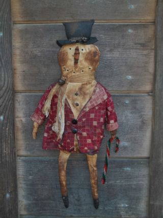 ♥ Primitive Grungy Snowman Christmas Doll And His Candy Cane ♥ photo