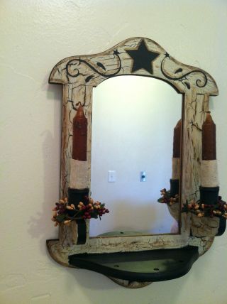 Primitive,  Americana,  Country,  Crackled Mirror With Candle Holder And Candles photo