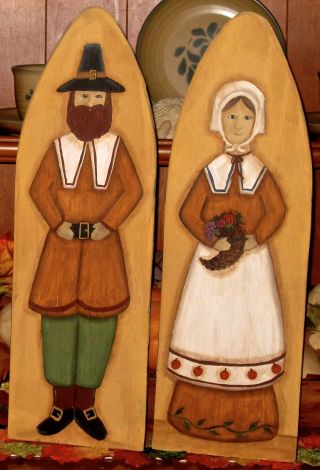 Primitive Hp Folk Art Pilgrim Couple Cornucopia Thanksgiving Stretcher photo