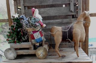 Primitive Christmas Santa Doll,  Donkey,  Wagon Raggadees By Mom & Me photo