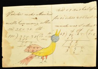 Rare Mid 1800 ' S Amish Child ' S Bird Watercolor Painting On Antique Ledger Paper photo