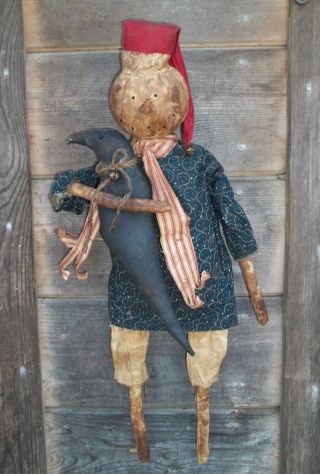 ♥ Primitive Grungy Snowman Christmas Doll And His Crow ♥ photo