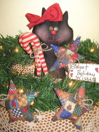 Primitive Christmas Black Cat Candycane Ornies Bowl Fillers Gathering Decor photo