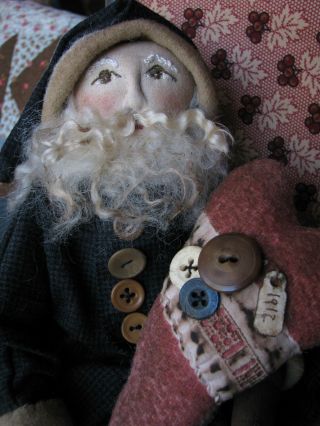 Primitive Folk Christmas Vintage Made Santa Wool Heart Otdc Doll photo