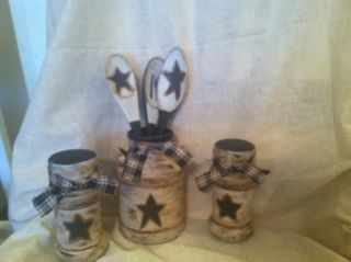 Primitive Americana,  Country,  Farmhouse Utensil Holder & Salt And Pepper Shakers photo