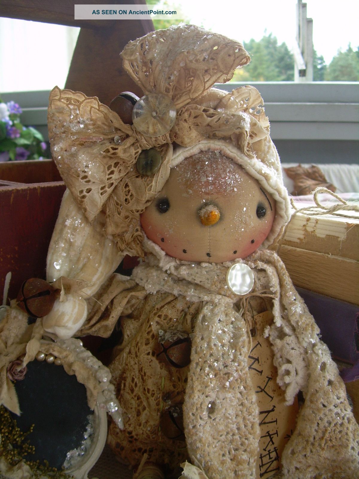 Primitive Prim Folk Art Snowman Snow Woman Doll With Fancy Chalkboard 