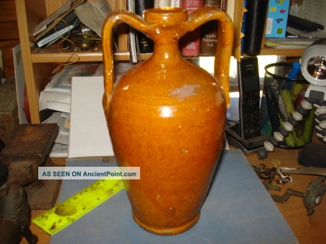 17th Early 18th Century German Redware Costreal Two Handle Wine Jug Glaze Primitives photo