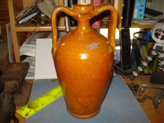 17th Early 18th Century German Redware Costreal Two Handle Wine Jug Glaze photo