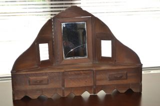 Antique Primitive Wood Handmade Mirror Vanity Jewelry Stand Folk Country photo