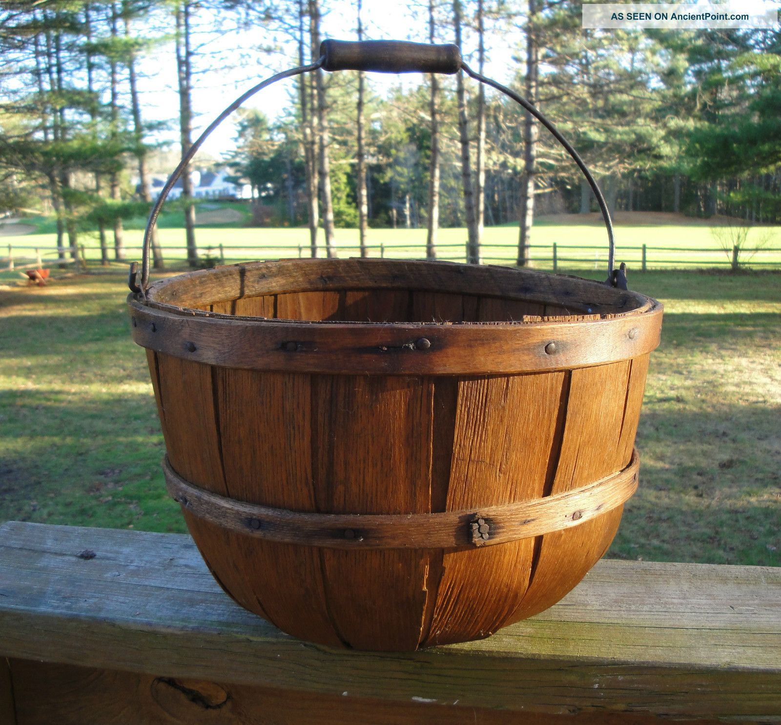 Primitive Antique Splint Apple Farm Basket Swing Handle Nails Bentwood Primitives photo