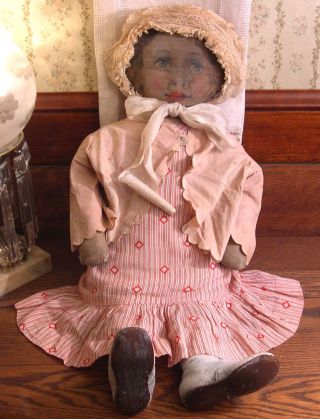 Antique Handmade Primitive Cloth Rag Doll,  25”,  Hand - Painted Features photo
