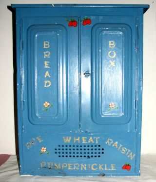 Vintage Bakery Or Country Store Blue Tin Stenciled Breadbox 20 