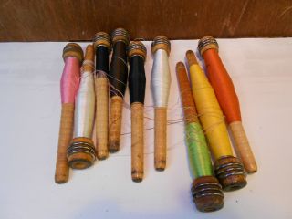 Set Of 9 Short Wooden Quill Bobbins With Silk Thread (134) photo